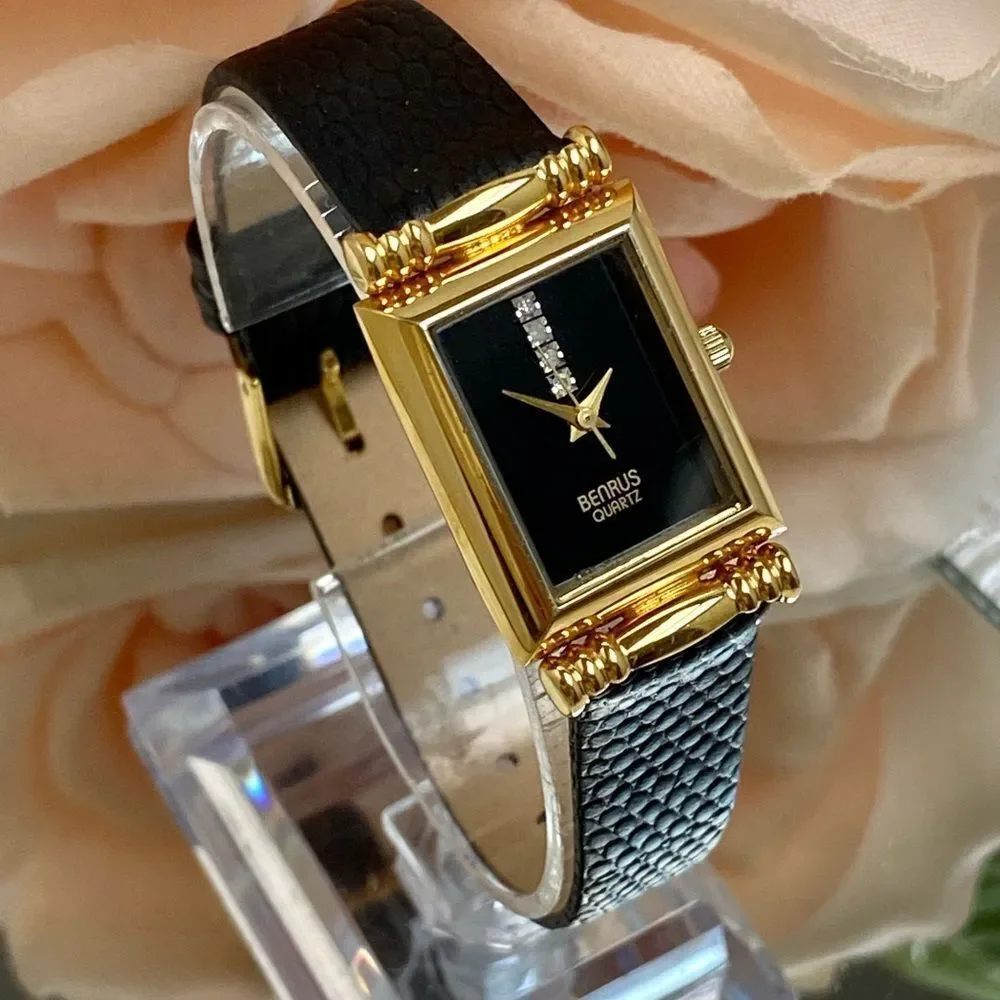 Vintage Benrus Diamond Accented Dial Dress Watch with Leather Strap